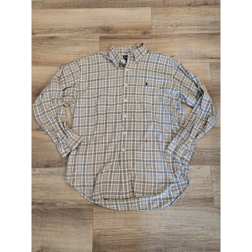 Ralph Lauren Blake Shirt Mens Large Tan Brown Plaid 100% Cotton Button Down